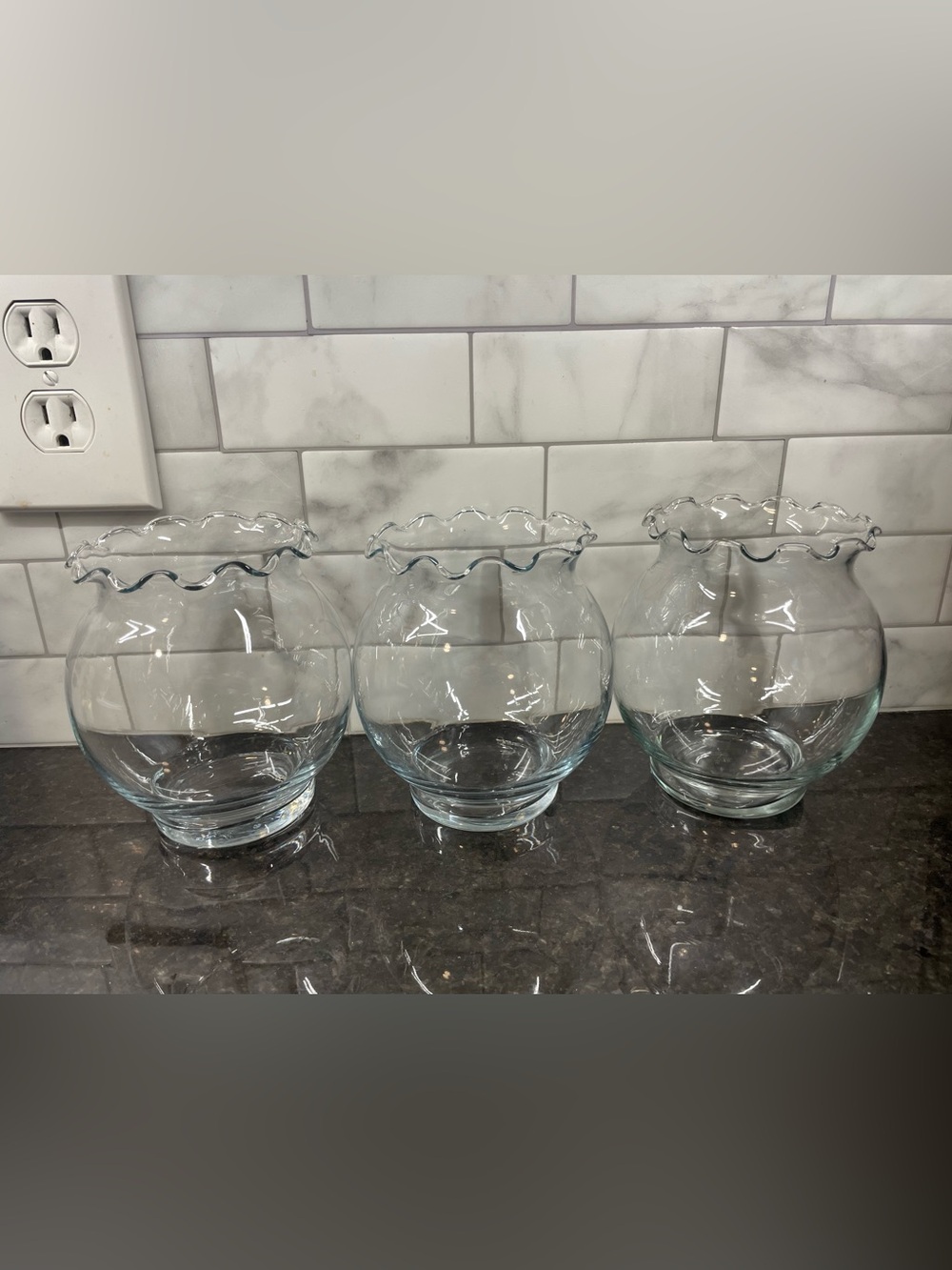 3 Round Ruffled Rim Clear Glass Vases
